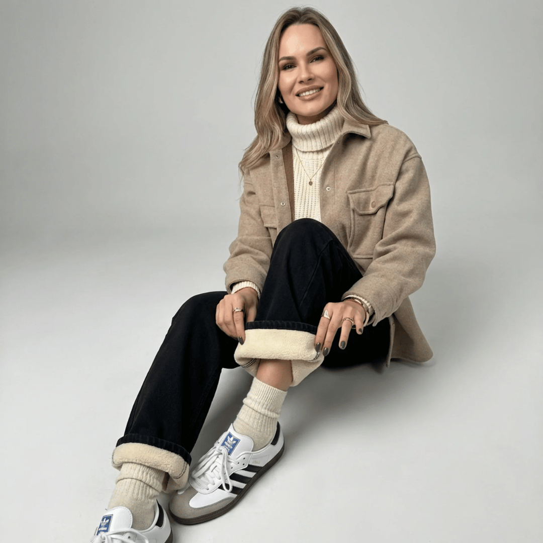 Calça Jeans Wide Leg Feminina Peluciada Forglows + Meia Térmica