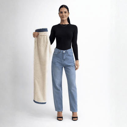 Calça Jeans Wide Leg Feminina Peluciada Forglows + Meia Térmica